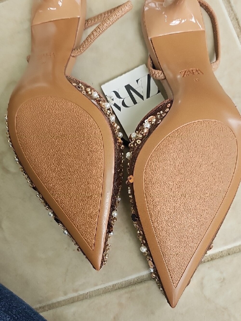 Zara Brown Embellished Pointed Slingback Heels - Picture 5 of 9